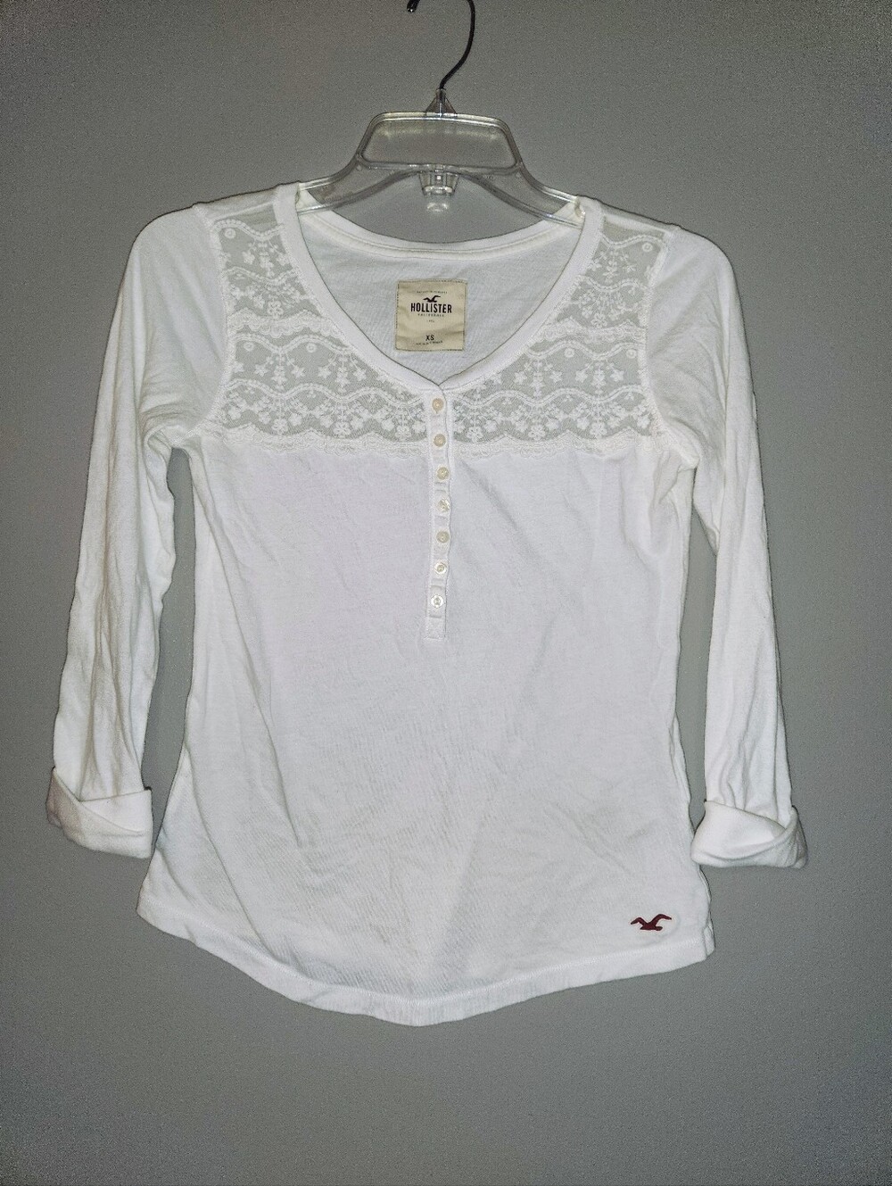 Hollister White Lace-Yoke Button Henley Top Size XS